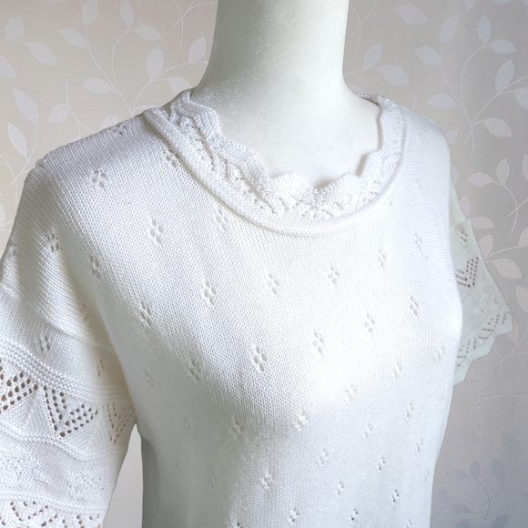 Vintage 60s College Point Pointelle Sweater Top Scallop Knit Short Sleeve Cream - Picture 4 of 13